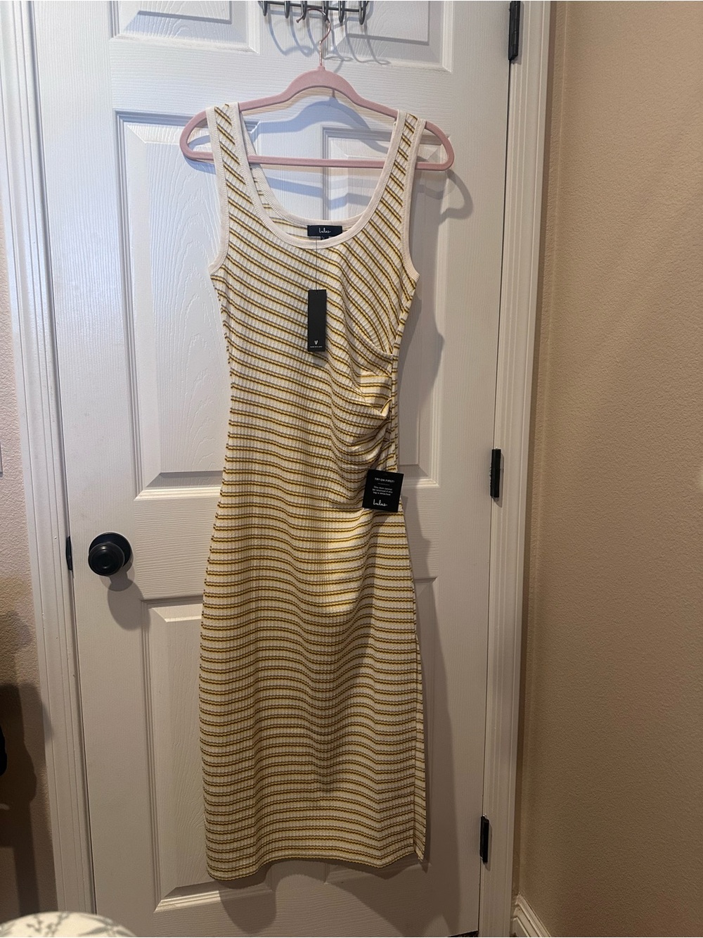 Lulu's Yellow and White Striped Scoop Neck Midi Dress